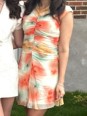 Banana Republic Watercolor Ruched Dress Small Size 4 Orange Blue Mesh Midi